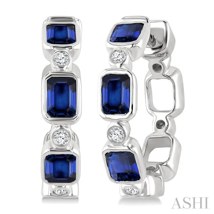 Emerald Shape Bezel Gemstone & Diamond Fashion Hoop Earrings
