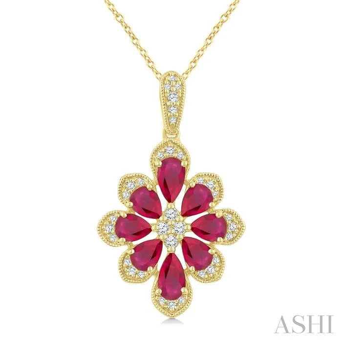 Floral Pear Shape Gemstone & Diamond Pendant