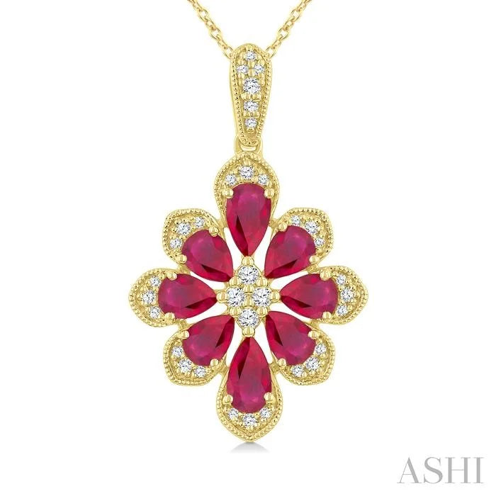 Floral Pear Shape Gemstone & Diamond Pendant