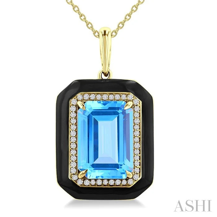 Evoque Gemstone Emerald Shape Black Enamel & Halo Diamond Pendant