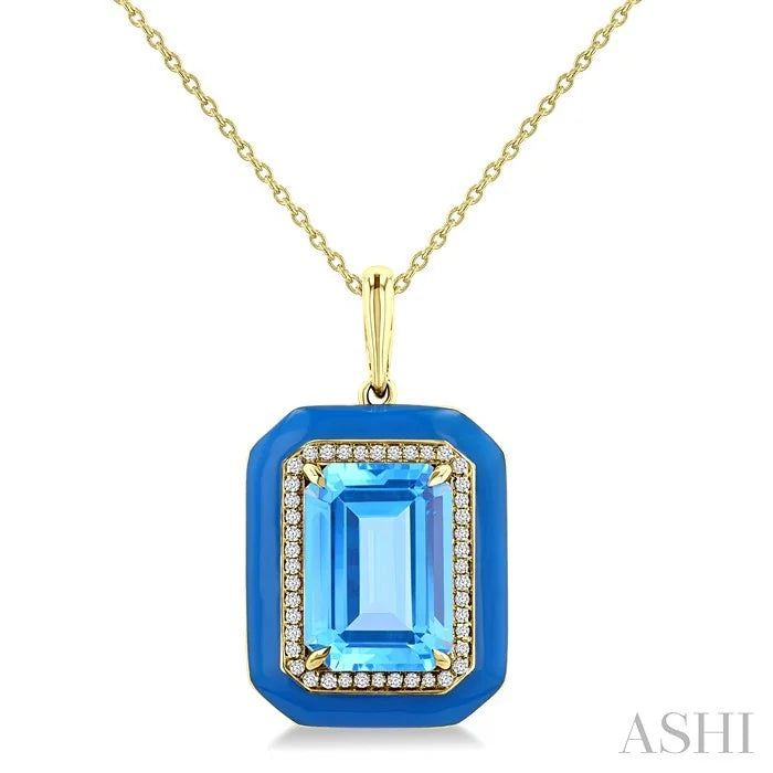 Evoque Gemstone Emerald Shape Blue Enamel & Halo Diamond Pendant