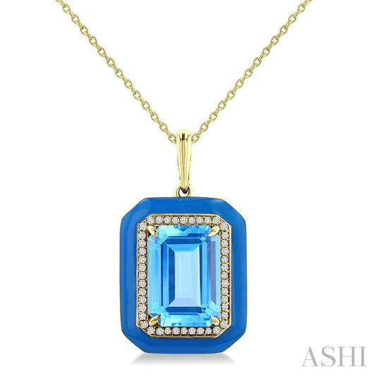 Evoque Gemstone Emerald Shape Blue Enamel & Halo Diamond Pendant