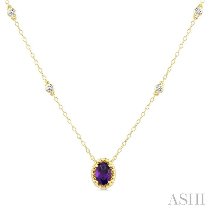 Bead Bijoux Oval Shape Gemstone & Halo Diamond Station Necklace