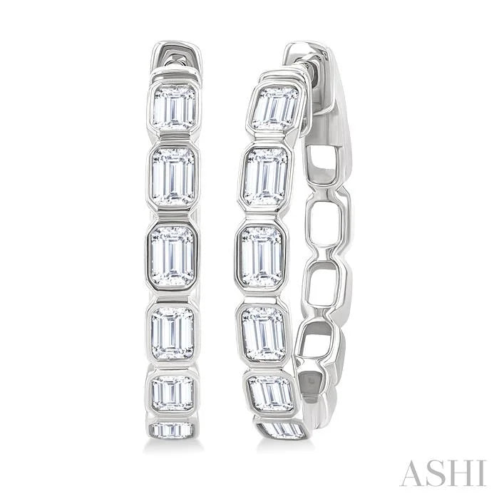 Emerald Shape Bezel Set Diamond Fashion Hoop Earrings