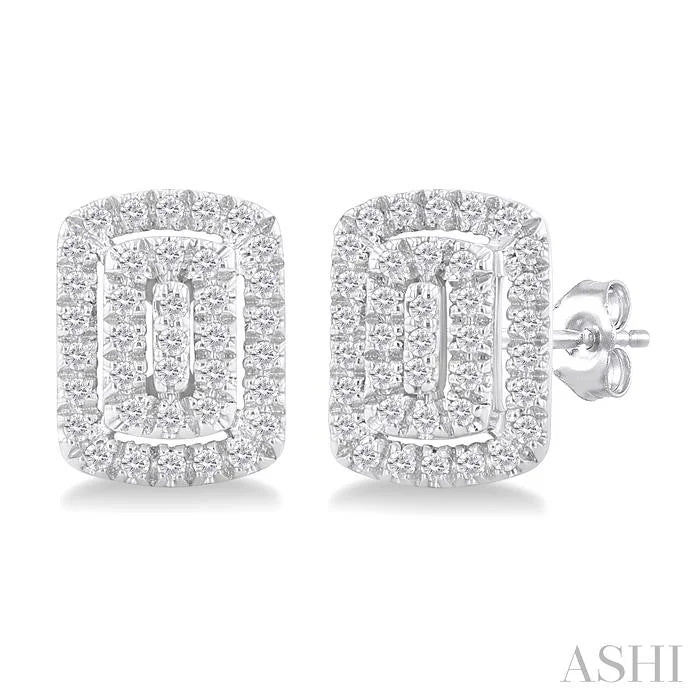 Emerald Shape Petite Halo Diamond Fashion Earrings