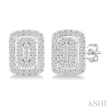 Emerald Shape Petite Halo Diamond Fashion Earrings
