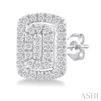 Emerald Shape Petite Halo Diamond Fashion Earrings