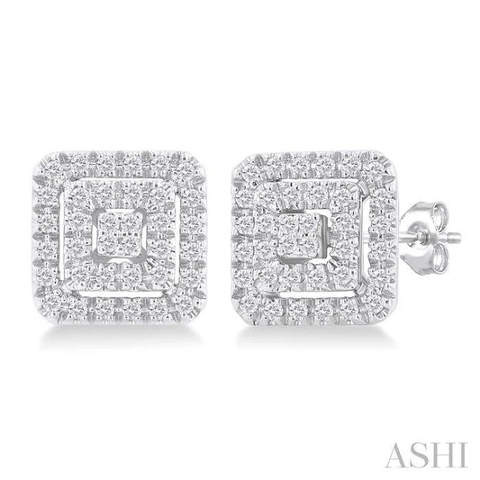 Princess Shape Petite Halo Diamond Fashion Earrings