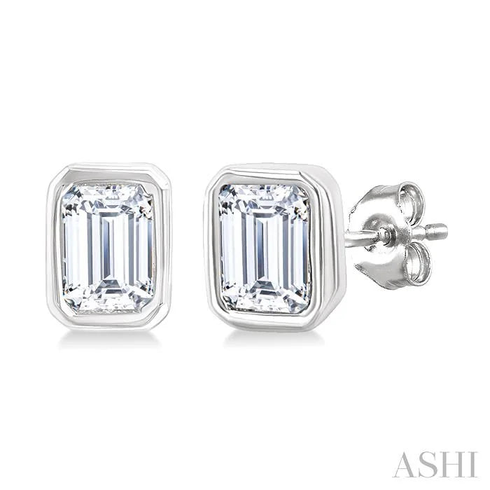 Emerald Shape Bezel Set Petite Diamond Fashion Earrings