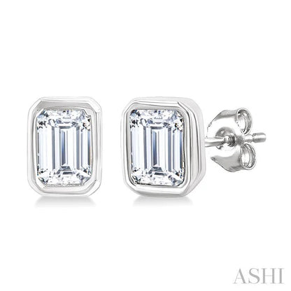 Emerald Shape Bezel Set Petite Diamond Fashion Earrings
