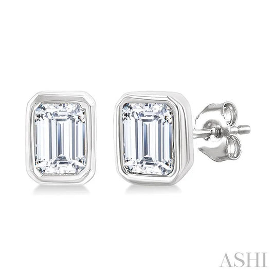 Emerald Shape Bezel Set Petite Diamond Fashion Earrings