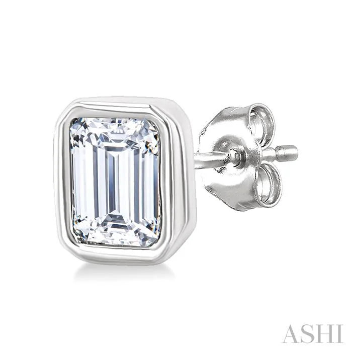 Emerald Shape Bezel Set Petite Diamond Fashion Earrings