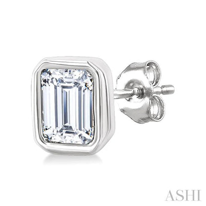 Emerald Shape Bezel Set Petite Diamond Fashion Earrings