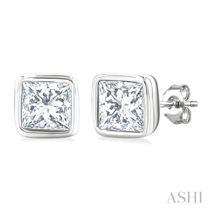 Princess Shape Bezel Set Petite Diamond Fashion Stud Earrings
