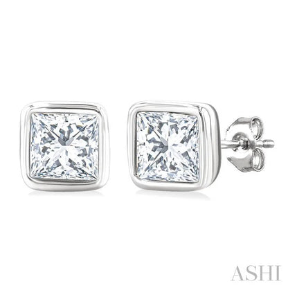 Princess Shape Bezel Set Petite Diamond Fashion Stud Earrings