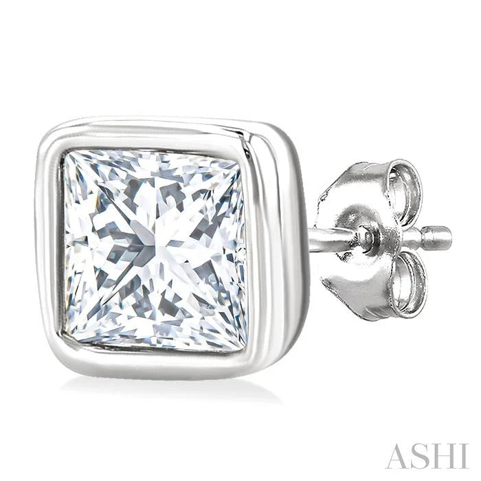 Princess Shape Bezel Set Petite Diamond Fashion Stud Earrings