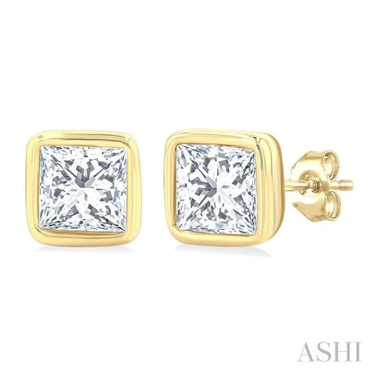 Princess Shape Bezel Set Petite Diamond Fashion Stud Earrings