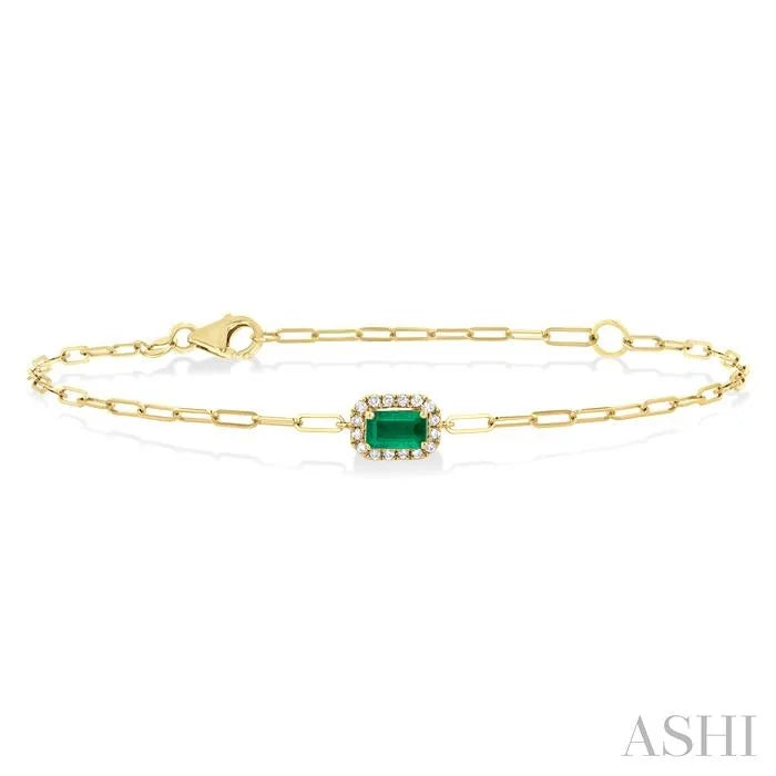 Emerald Shape Paperclip Gemstone & Halo Diamond Chain Bracelet