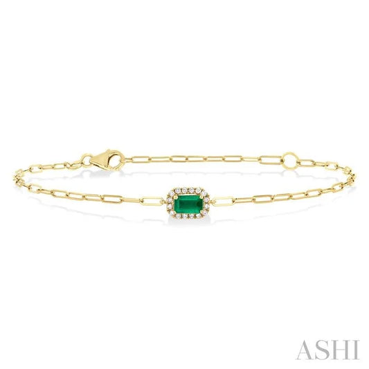 Emerald Shape Paperclip Gemstone & Halo Diamond Chain Bracelet