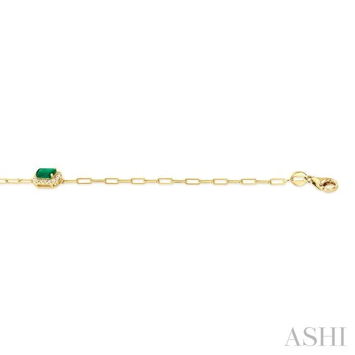 Emerald Shape Paperclip Gemstone & Halo Diamond Chain Bracelet