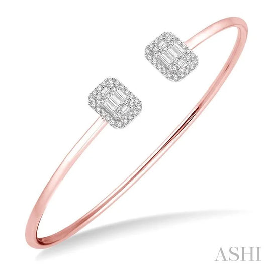Stackable Emerald Shape Halo Fusion Diamond Open Cuff Bangle