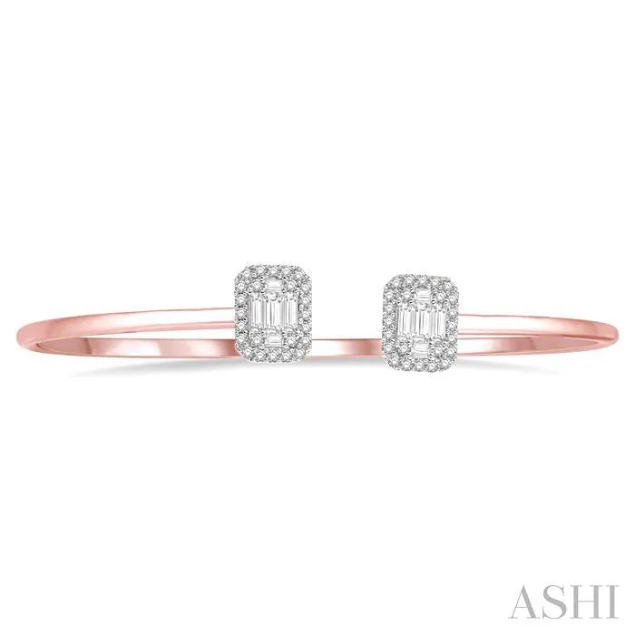 Stackable Emerald Shape Halo Fusion Diamond Open Cuff Bangle