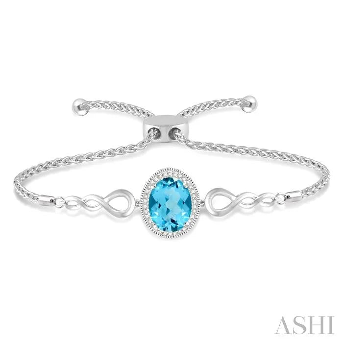 Silver Oval Shape Gemstone & Diamond Lariat Bracelet