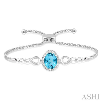 Silver Oval Shape Gemstone & Diamond Lariat Bracelet