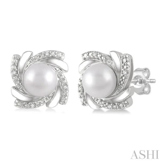 Silver Pearl Swirl Diamond Earrings