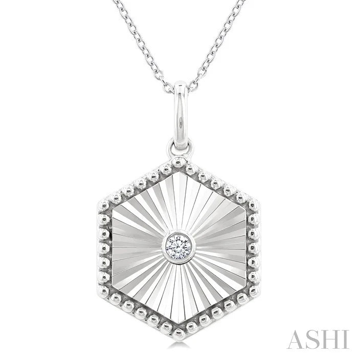 Silver Hexagon Shape Fluted Medallion Diamond Pendant