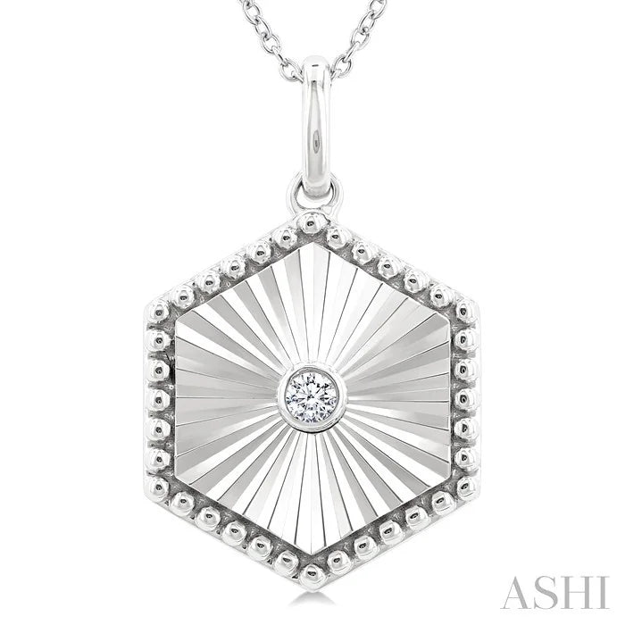 Silver Hexagon Shape Fluted Medallion Diamond Pendant