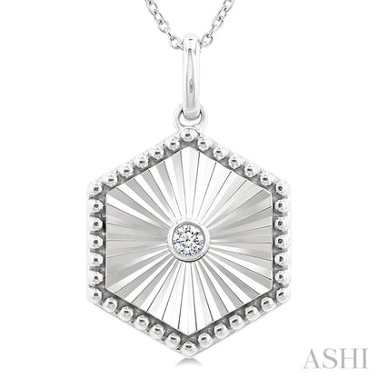Silver Hexagon Shape Fluted Medallion Diamond Pendant