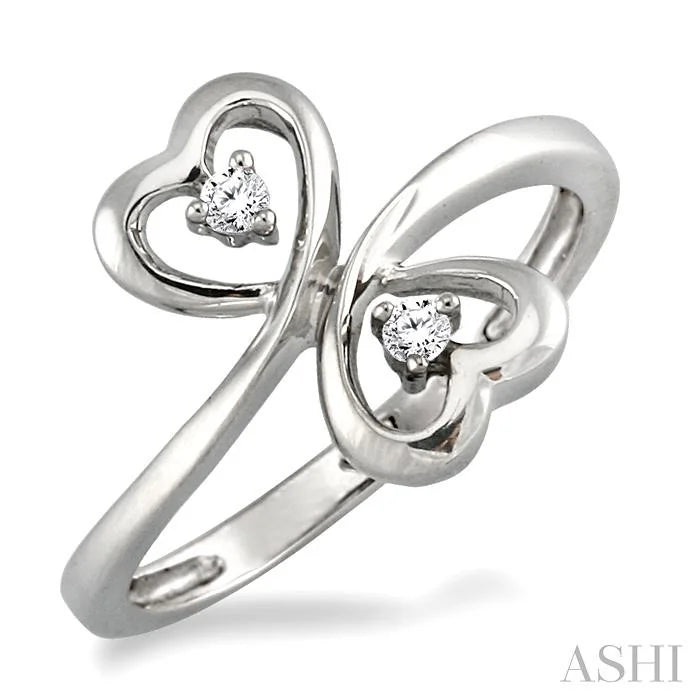 Silver Twin Heart Shape 2 Stone Diamond Fashion Ring