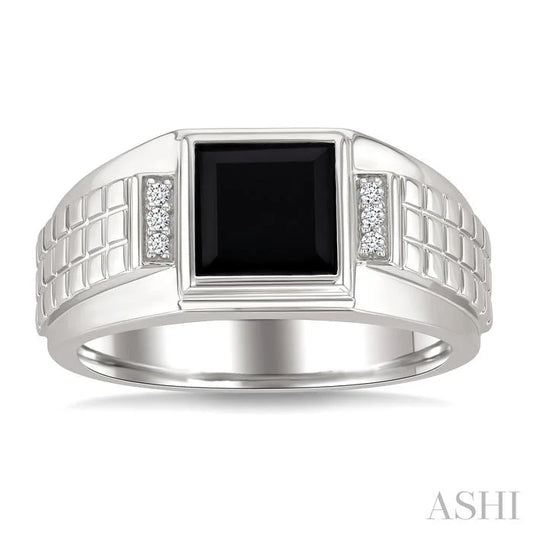 Silver Princess Shape Men'S Onyx Diamond Ring