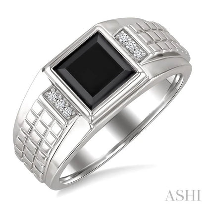 Silver Princess Shape Men'S Onyx Diamond Ring