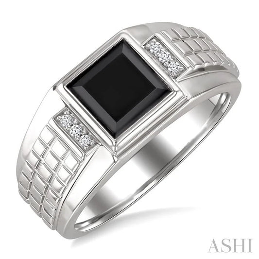 Silver Princess Shape Men'S Onyx Diamond Ring