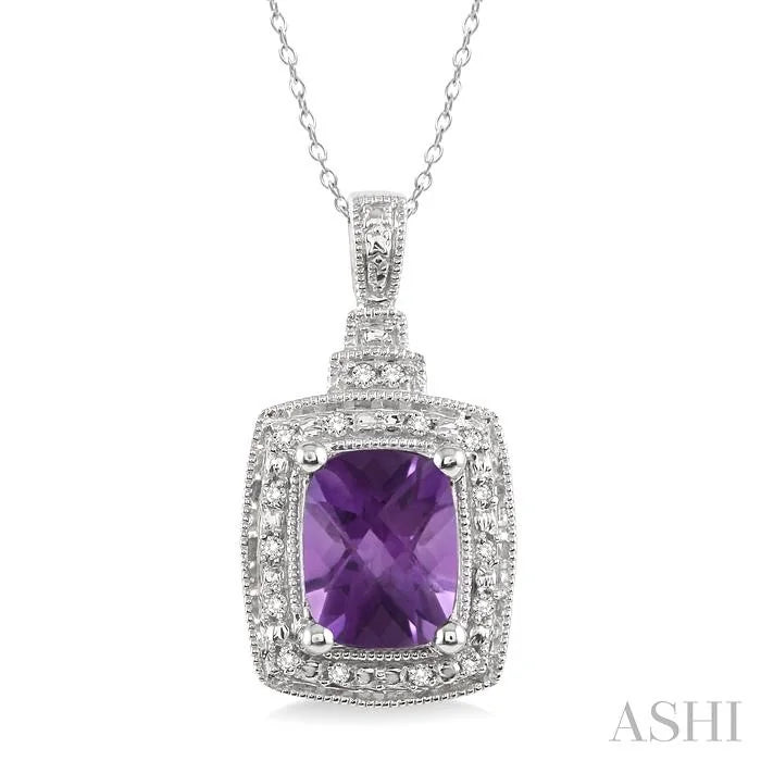 Silver Cushion Shape Gemstone & Diamond Pendant