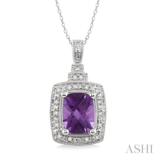 Silver Cushion Shape Gemstone & Diamond Pendant