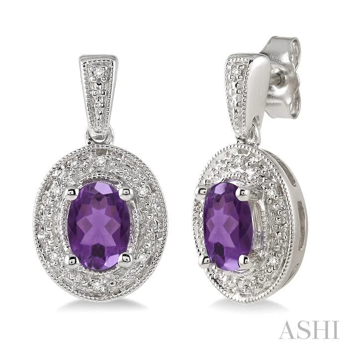 Silver Oval Shape Gemstone & Diamond Earrings