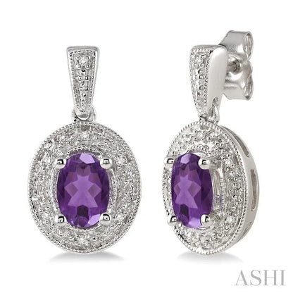 Silver Oval Shape Gemstone & Diamond Earrings