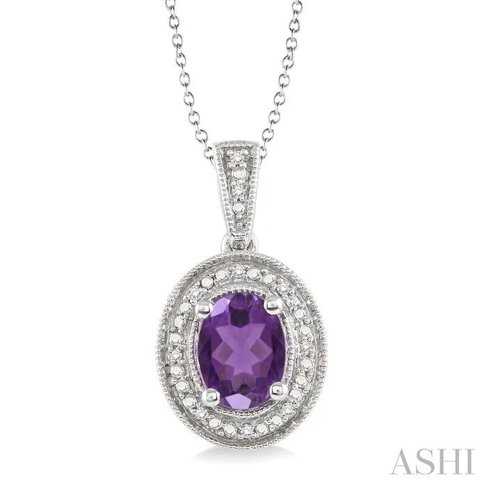 Silver Oval Shape Gemstone & Halo Diamond Pendant