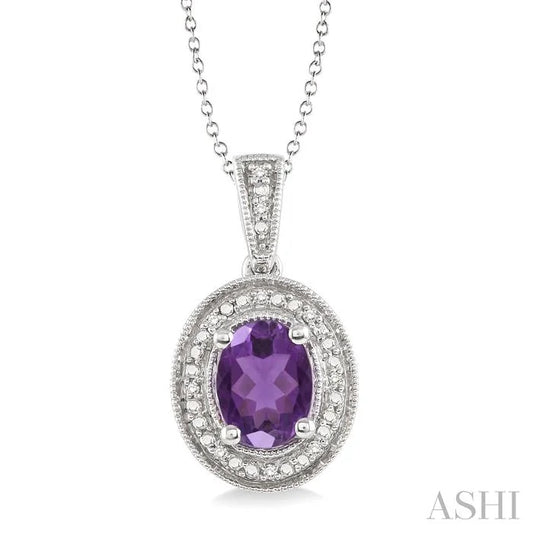 Silver Oval Shape Gemstone & Halo Diamond Pendant