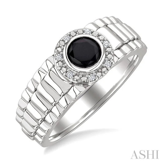 Silver Round Shape Men'S Onyx Diamond Ring