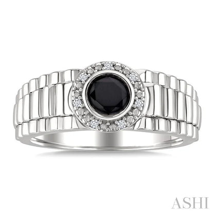 Silver Round Shape Men'S Onyx Diamond Ring