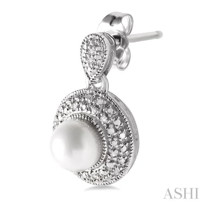 Silver Pearl & Halo Diamond Earrings