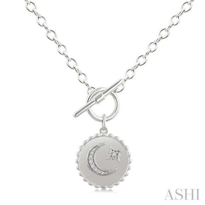 Silver Crescent Moon & Star Toggle Diamond Fashion Necklace