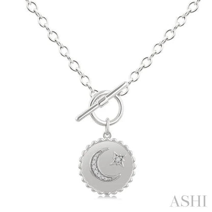 Silver Crescent Moon & Star Toggle Diamond Fashion Necklace