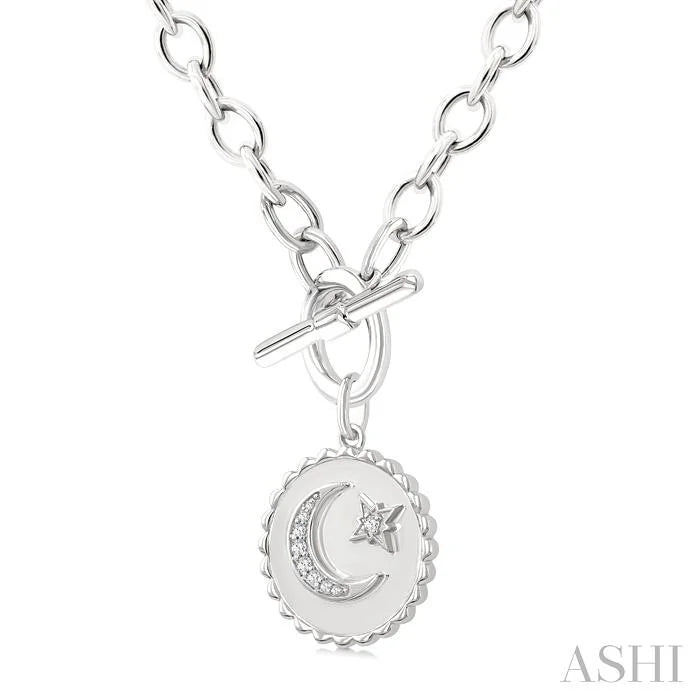 Silver Crescent Moon & Star Toggle Diamond Fashion Necklace
