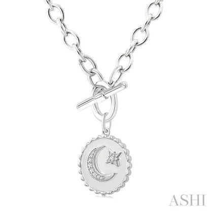 Silver Crescent Moon & Star Toggle Diamond Fashion Necklace