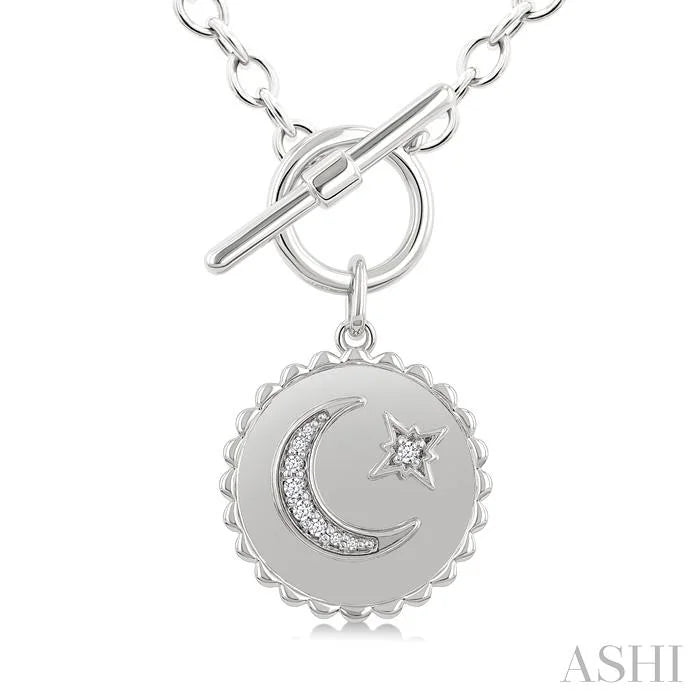 Silver Crescent Moon & Star Toggle Diamond Fashion Necklace